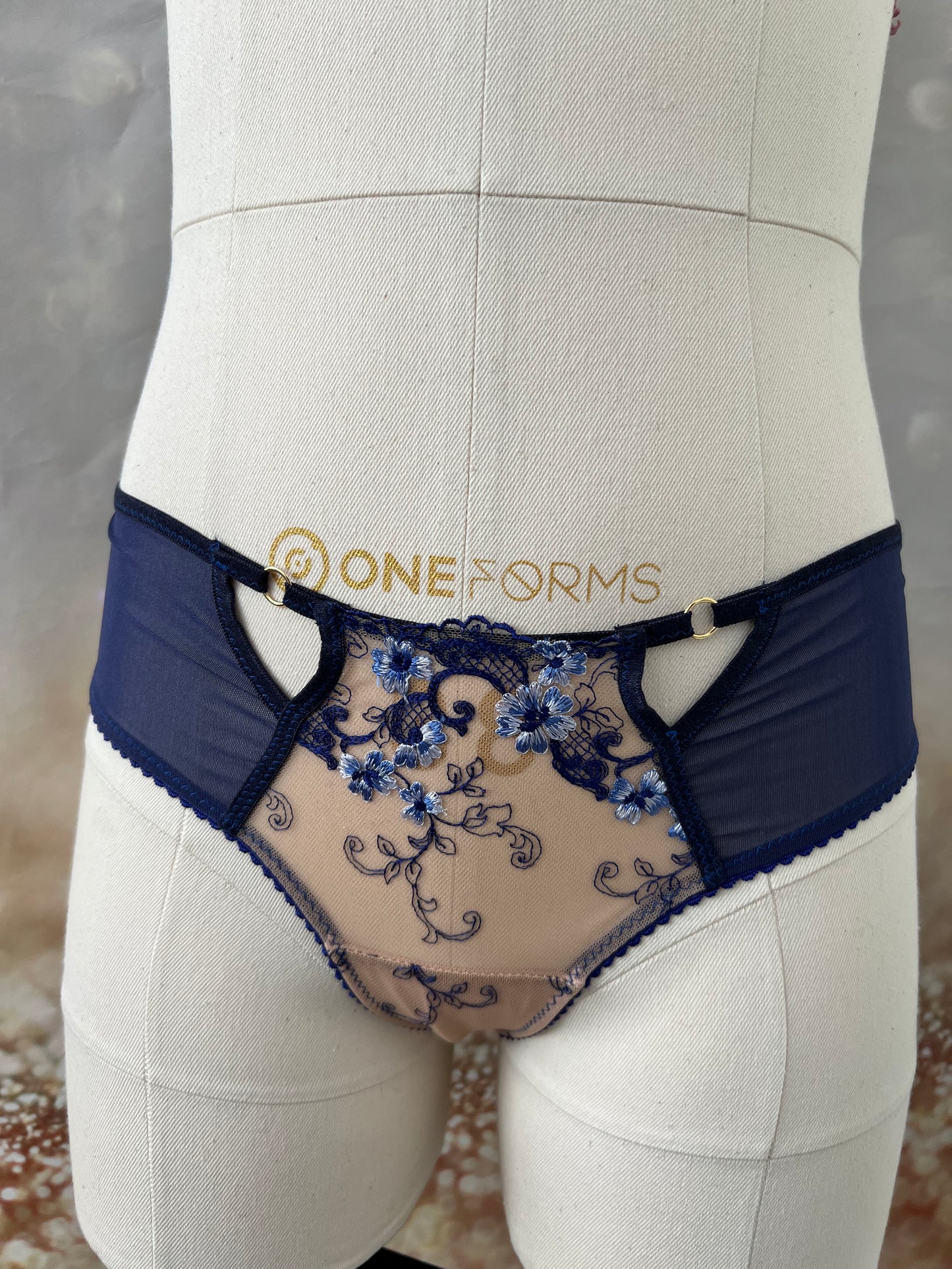 Sewing kit for 2 bras and panties or sewing package with two lace fabrics, microfiber, and powernet. Midnight blue. Sew your own bra and panties material. IDnsx1