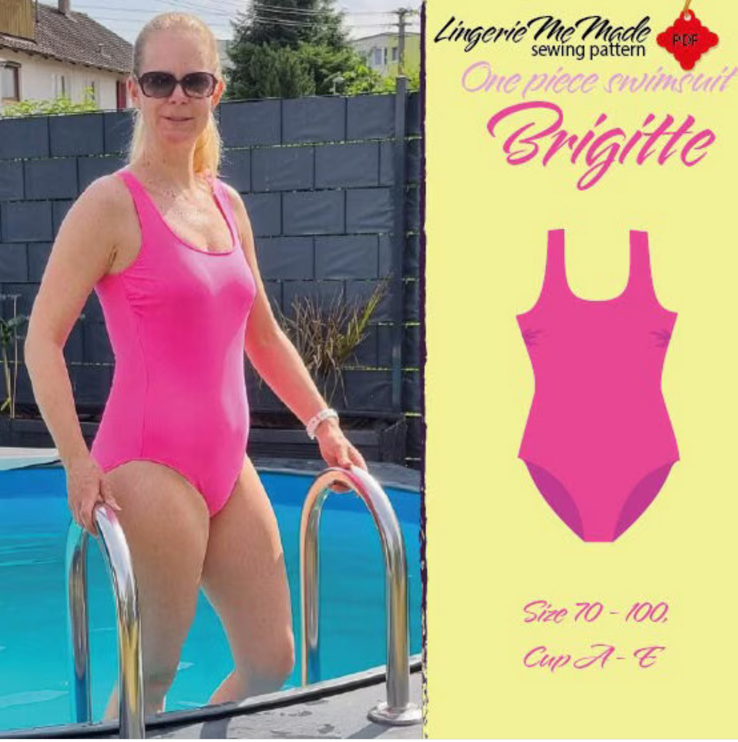Swimsuit Pattern Brigitte, Size 70-100, Cup A - E, One-piece. PDF File