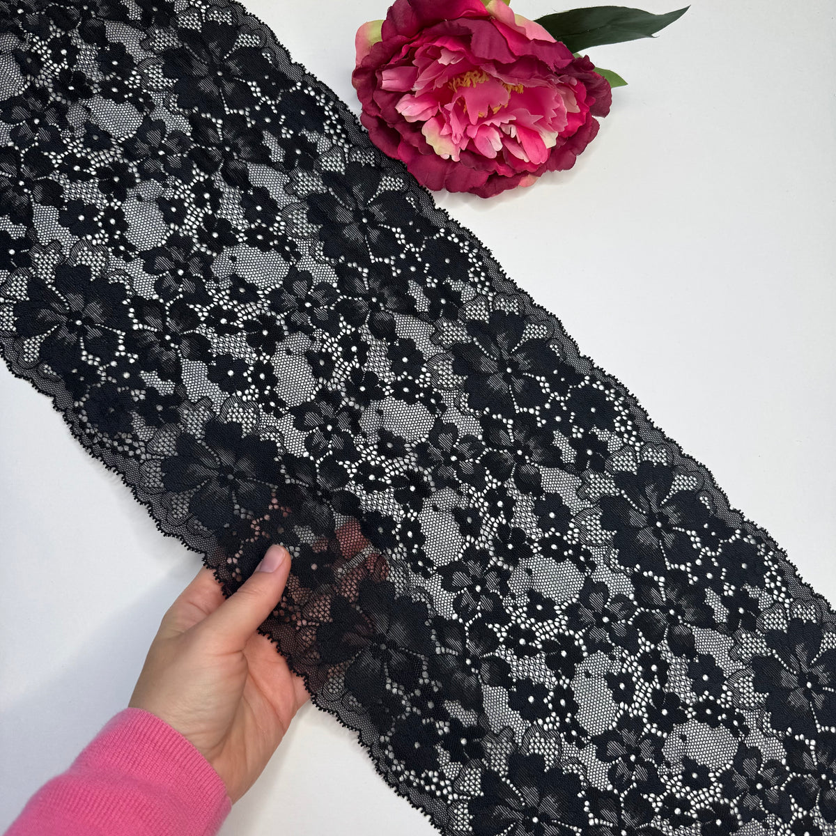 Breite elastische Spitze schwarz – Spitzenband & Spitzenborte, 22,5 cm, Meterware