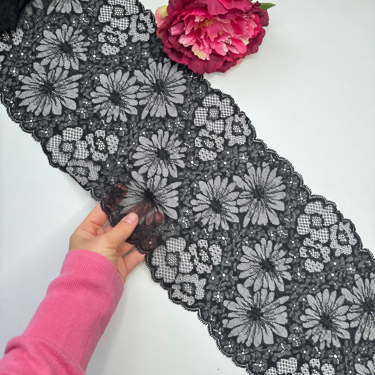 Breite elastische Spitze schwarz, florales Muster – Spitzenband & Spitzenborte, 20 cm, Meterware