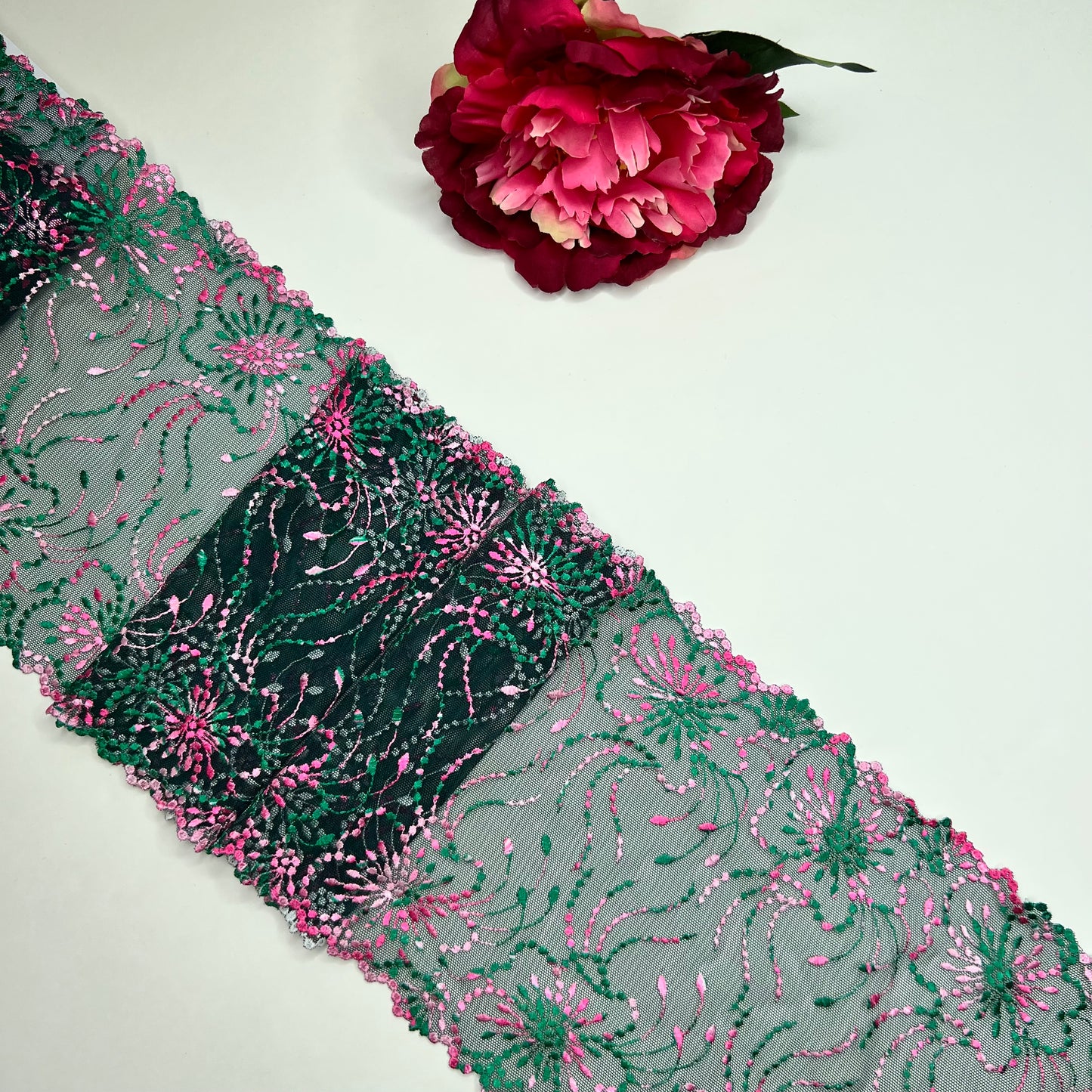 elastic embroidered lace in pine green and pink, price per 1/2 meter IDsx4