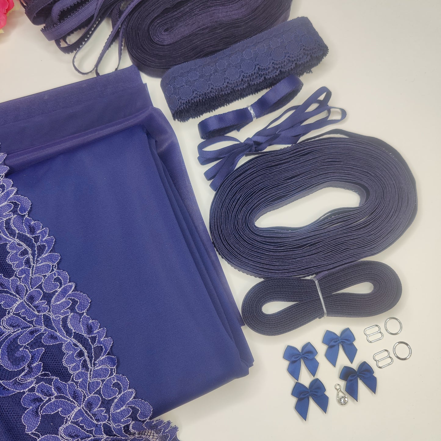 Large sewing kit for 2x bras and panties or sewing package with <tc>lace</tc>, microfiber and powernet. Midnight blue duo. IDnsx1