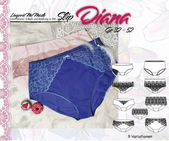 Schnittmuster von Lingeriememade Slip Diana Gr. 32 - 52, deutsch / german. PDF E-Book Slip/ Damenhöschen Nähen mit 9 Variationen. IDsmx3 LingerieMeMade