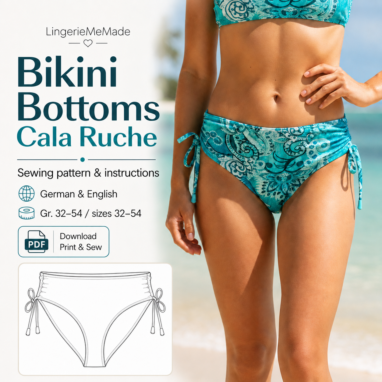 Nähset Bikini Bottoms Cala Ruche inkl. Schnittmuster – Bademode nähen Gr. 32–54