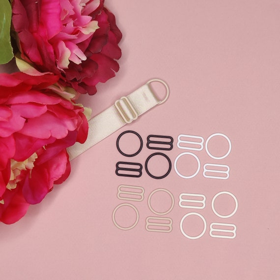 Anneaux de 18 mm et glissière pour ruban adhésif, ruban à épaule, caoutchouc de support. Métal, blanc, crème, noir beige. Convient aux maillots de bain