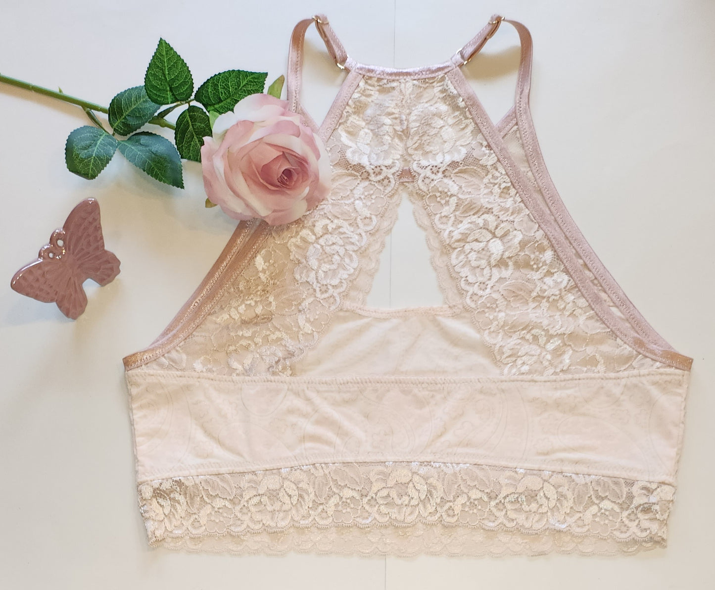 Elastische Spitze silver peony, rose ivory. Gallon stretch lace Preis per 1/2 Meter IDsx4