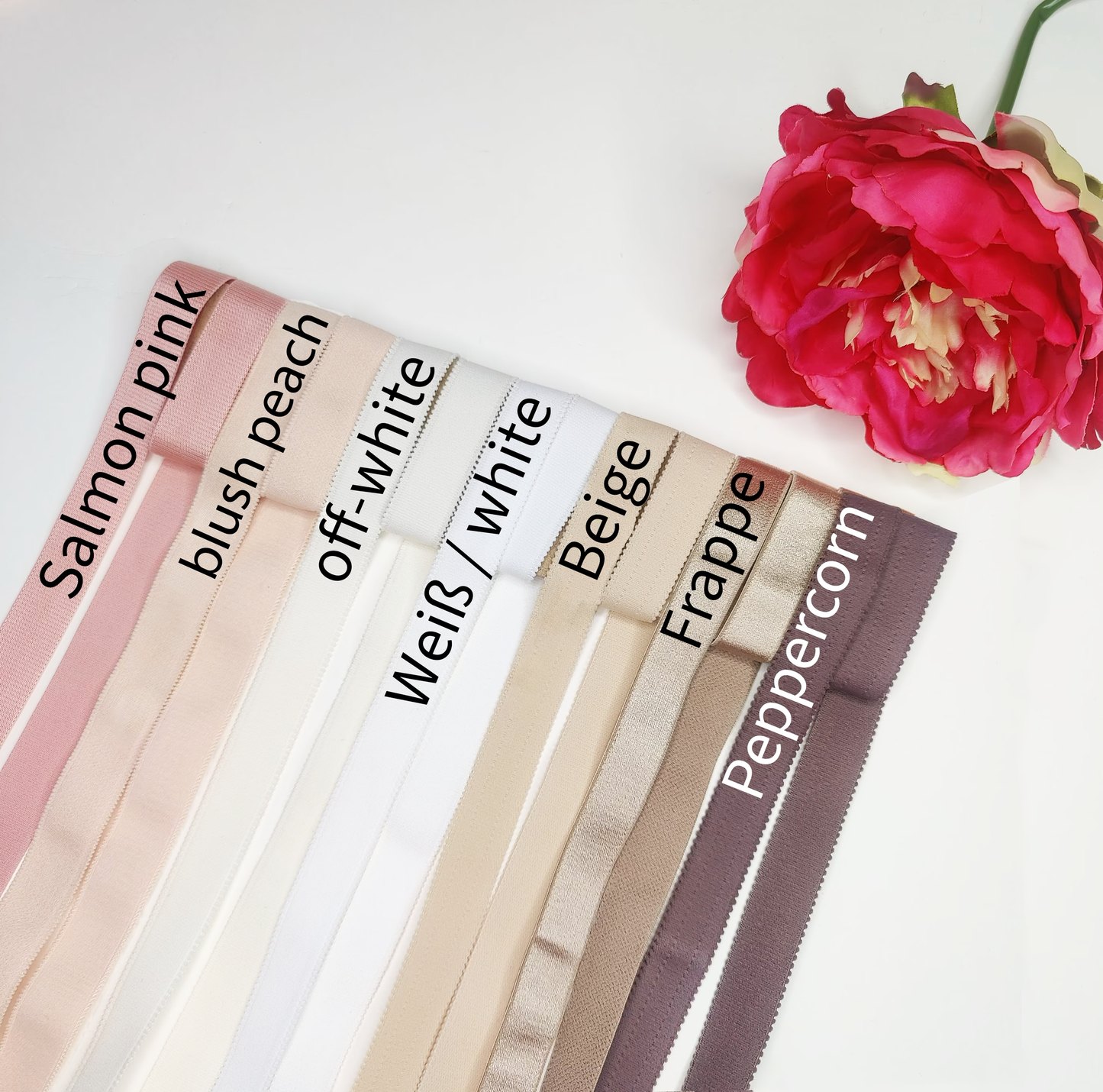 20 mm bra straps. Salmon pink, blush peach, off-white, white, beige matte and glossy, frappe, peppercorn. 1 3/16 bra strap elastic.IDtrx20