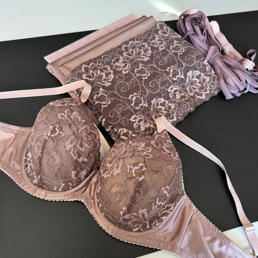 Nähset 2 BHs & 1–2 Höschen – elastische Spitze, Mikrofaser & Powernet-Knit | Coffee Rose