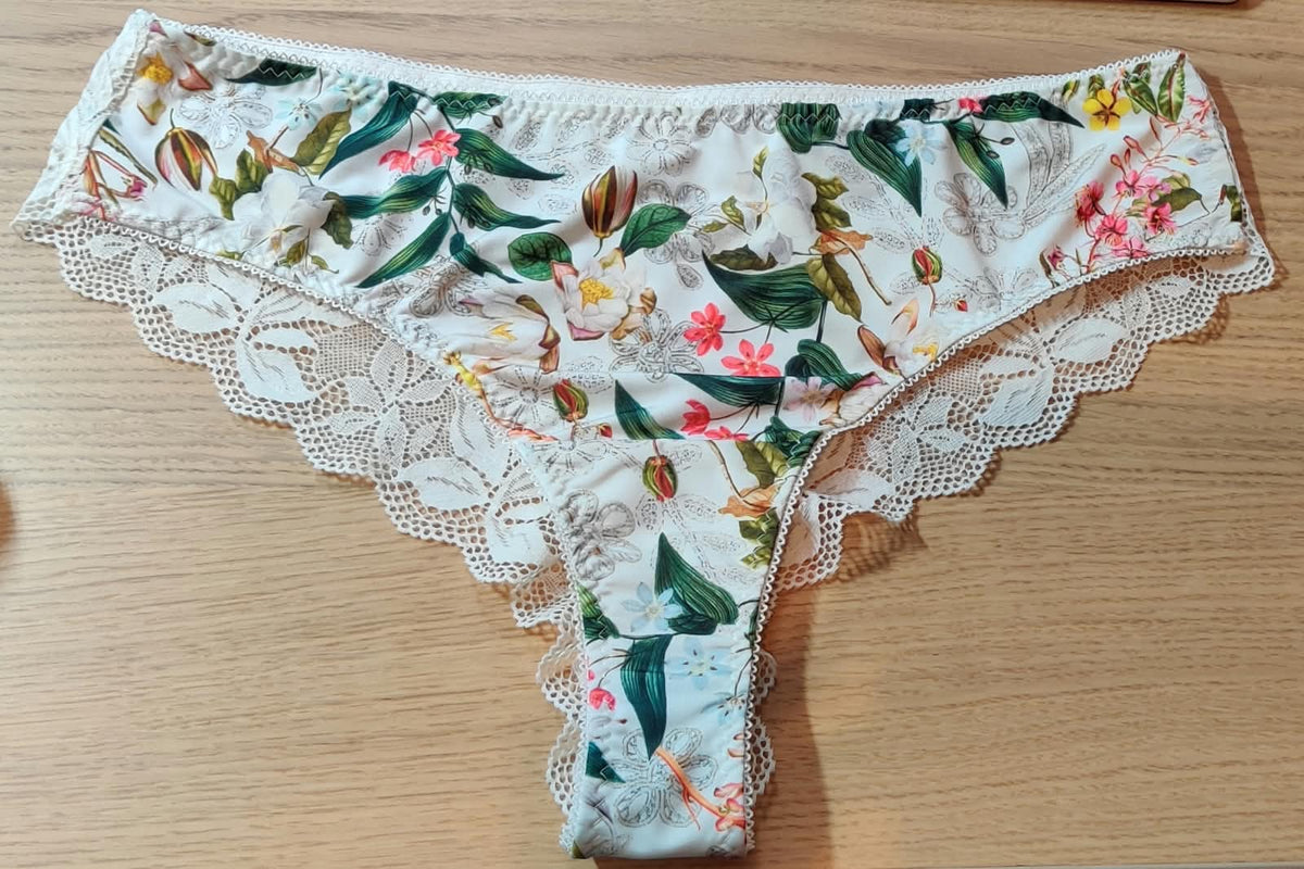 Sewing kit for bra and panties or sewing package with lace, microfiber with floral pattern, and powernet. May 2026