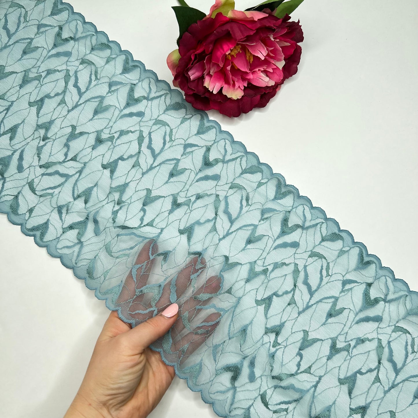 Breite elastische Spitze/ Spitzenband, Spitzenborte in smoky blue, Preis per 1/2 Meter. Meterware IDsx4