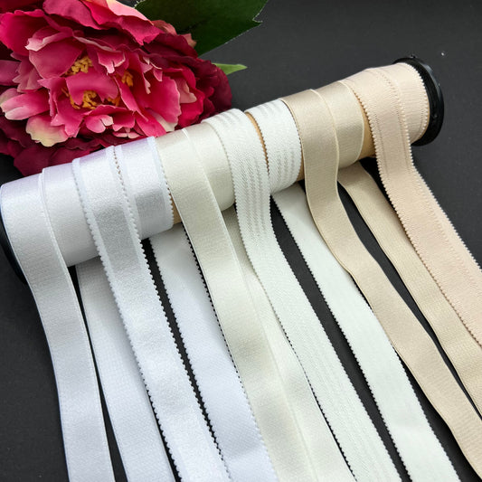 18 mm BH-Trägerband, Trägergummi, Schulterband. Farben: beige, off-white/creme, weiß.