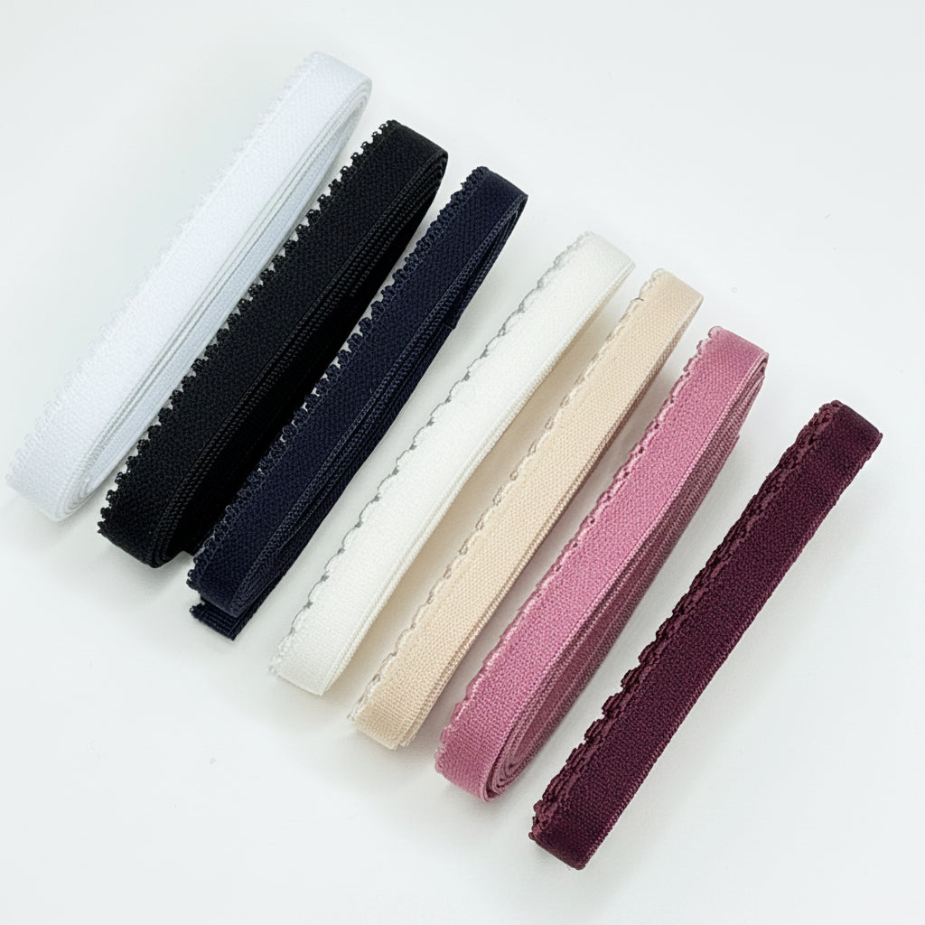 10 mm breites Unterbrustgummi mit Pikotkante in midnight blue, blau, off-white, whisper-white, beige, nude, flamingo, plum, pflaume, schwarz und weiß