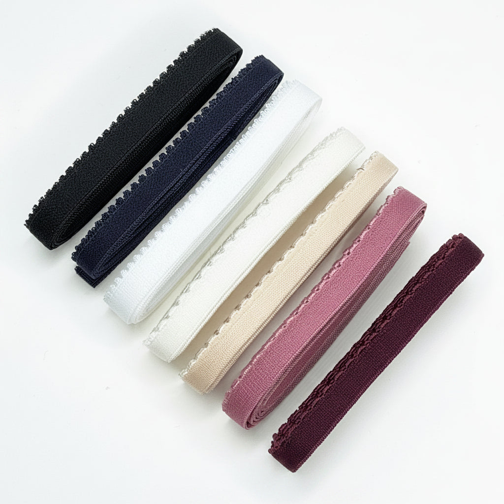 10 mm breites Unterbrustgummi mit Pikotkante in midnight blue, blau, off-white, whisper-white, beige, nude, flamingo, plum, pflaume, schwarz und weiß