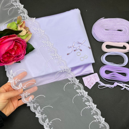 Lavender Love story. Großes Nähset für BH und Höschen bzw. Nähpaket mit elastischen Spitze, Mikrofaser und Powernet. Lavender love story