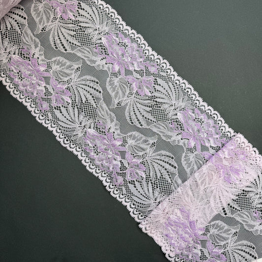 Breite elastische Spitze Sweet Violet & Lavender Light – 20 cm breit, Preis pro ½ Meter