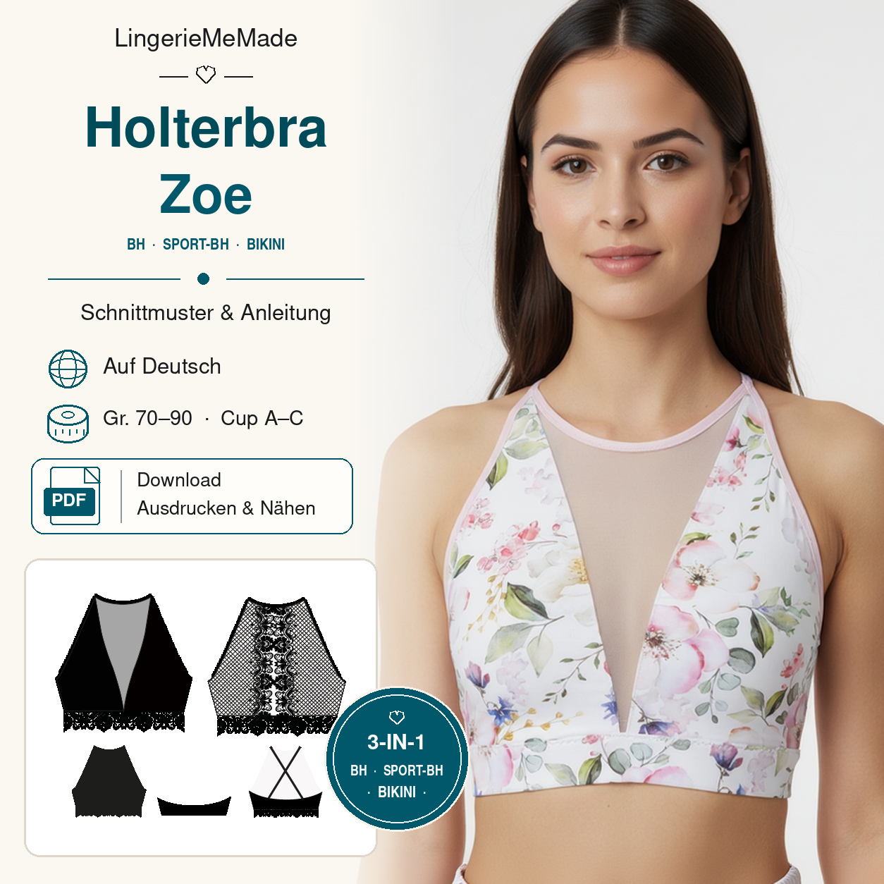 Holterbra Zoe Sewing Pattern PDF | Bra, Sports Bra & Bikini Size 70-90, Cup A-B-C