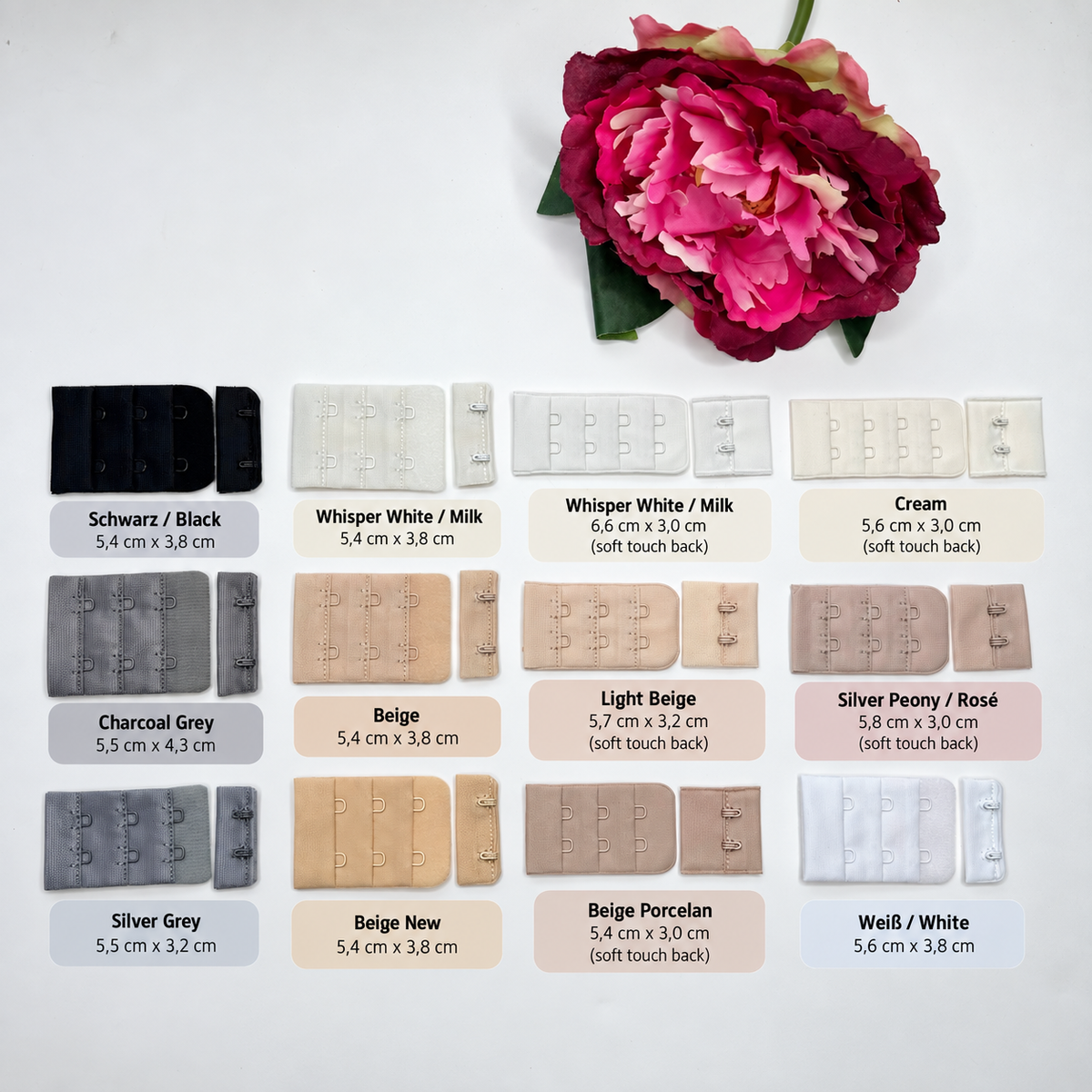 BH-Verschluss 2x3 & 2x4  – Weiß, Milch, Cream, Silver Peony/Rosé, Light Beige, Beige, Beige New, Beige Porcelan, Grey, Schwarz