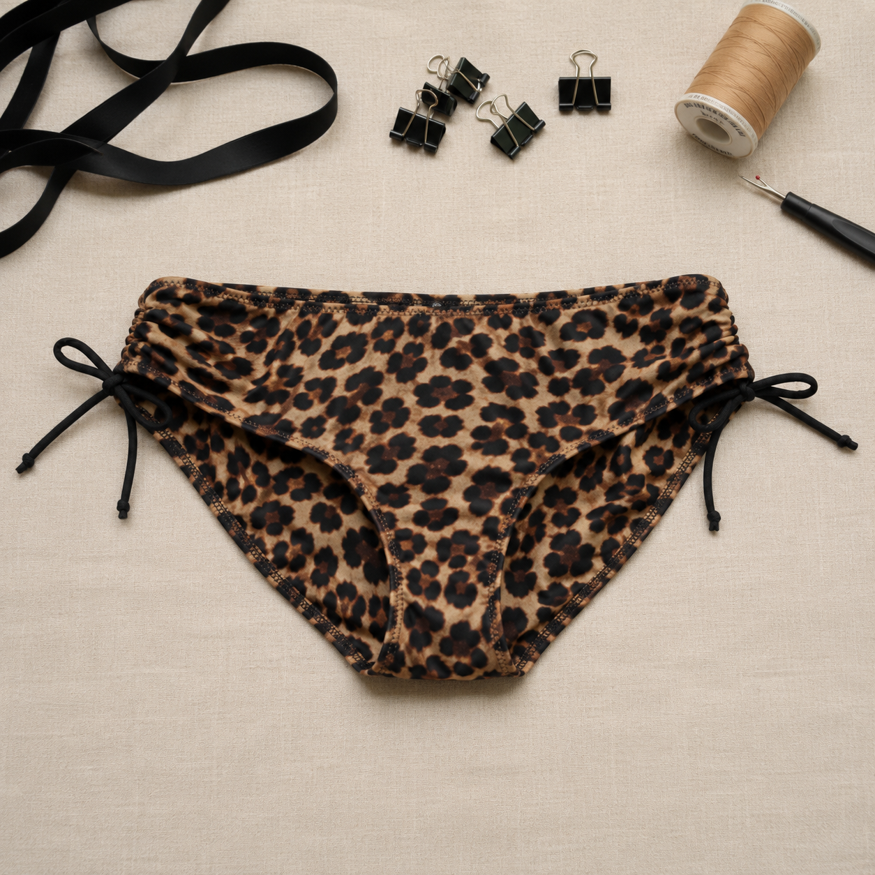 Bikini Slip Cala Ruche Leo auf dem Tisch