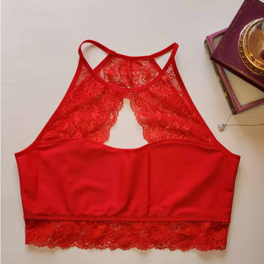 Set da cucito per HolterBra Lea con microfibra e <tc>Pizzo</tc> in rosso. Cartamodello e accessori inclusi. IDdiyklx5