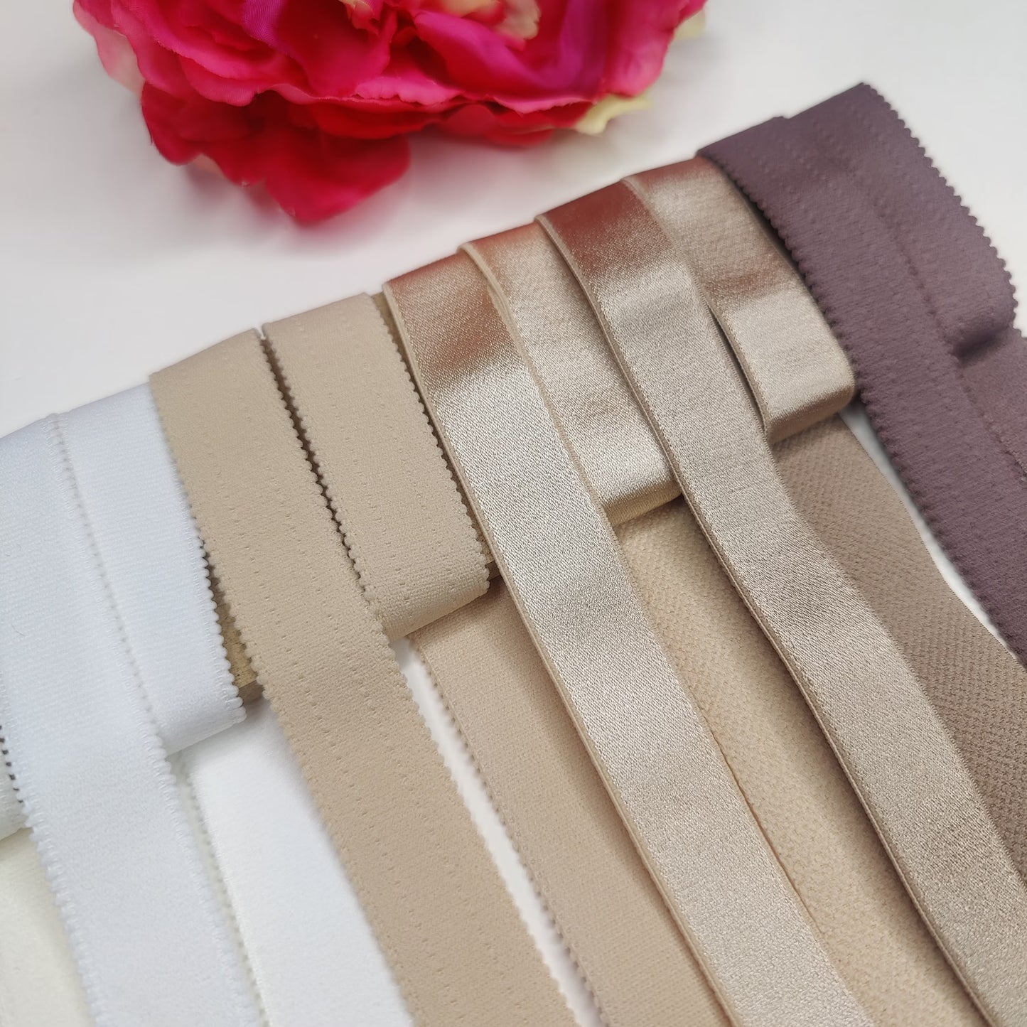 20 mm BH-Trägerband. salmon pink, peach blush, off-white, weiß, beige matt und glänzend, frappe, peppercorn. 13/16 bra strap elastic.IDtrx20