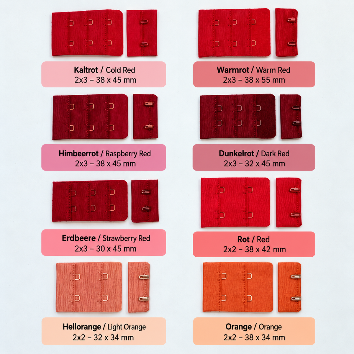 Bra closure Dimensions and colours