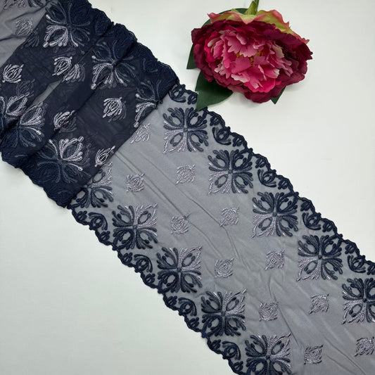 Breite edle elastische Stickereispitze dunkelblau/mehrfarbig, 21,5 cm