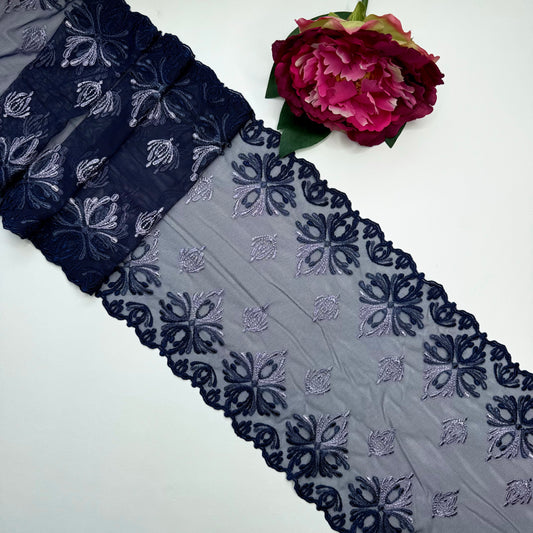 Breite edle elastische Stickereispitze midnight blue, dunkelblau/mehrfarbig, 21,5 cm, per Meter
