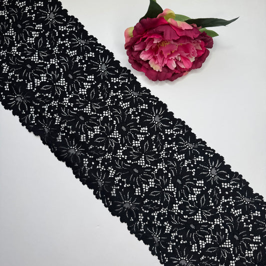 Breite elastische Spitze schwarz – Spitzenband & Spitzenborte, 19,7 cm, Meterware