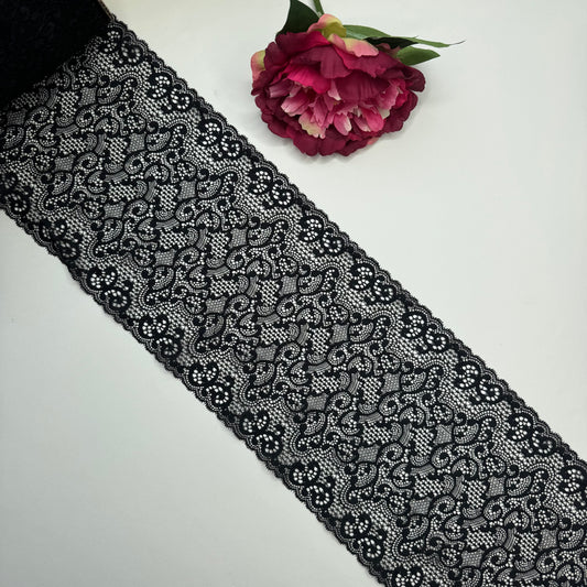 Breite elastische Spitze schwarz – Spitzenband & Spitzenborte, 20 cm, Meterware