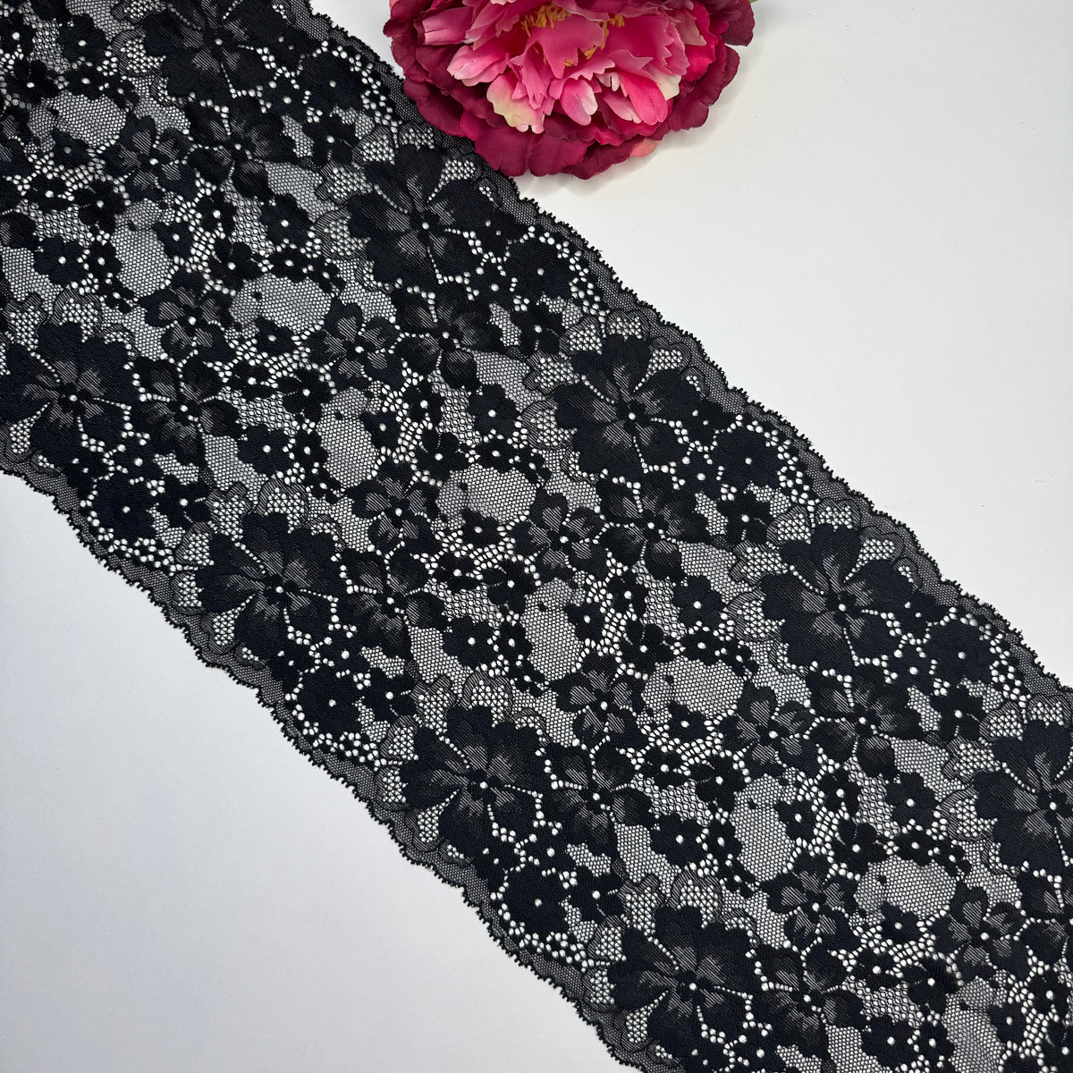 Breite elastische Spitze schwarz – Spitzenband & Spitzenborte, 22,5 cm, 