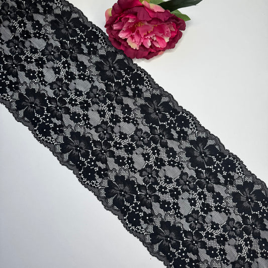 Breite elastische Spitze schwarz – Spitzenband & Spitzenborte, 22,5 cm, Meterware