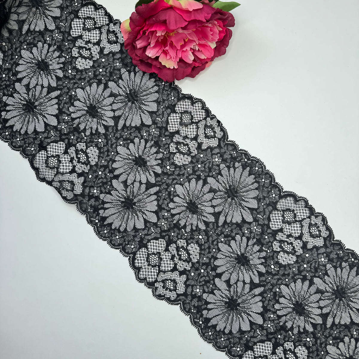 Breite elastische Spitze schwarz, florales Muster – Spitzenband & Spitzenborte, 20 cm, Meterware
