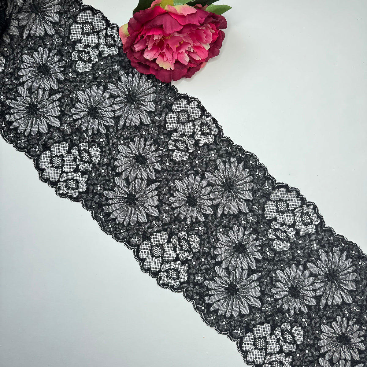 Breite elastische Spitze schwarz, florales Muster – Spitzenband & Spitzenborte, 20 cm, Meterware