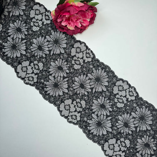 Breite elastische Spitze schwarz, florales Muster – Spitzenband & Spitzenborte, 20 cm, Meterware