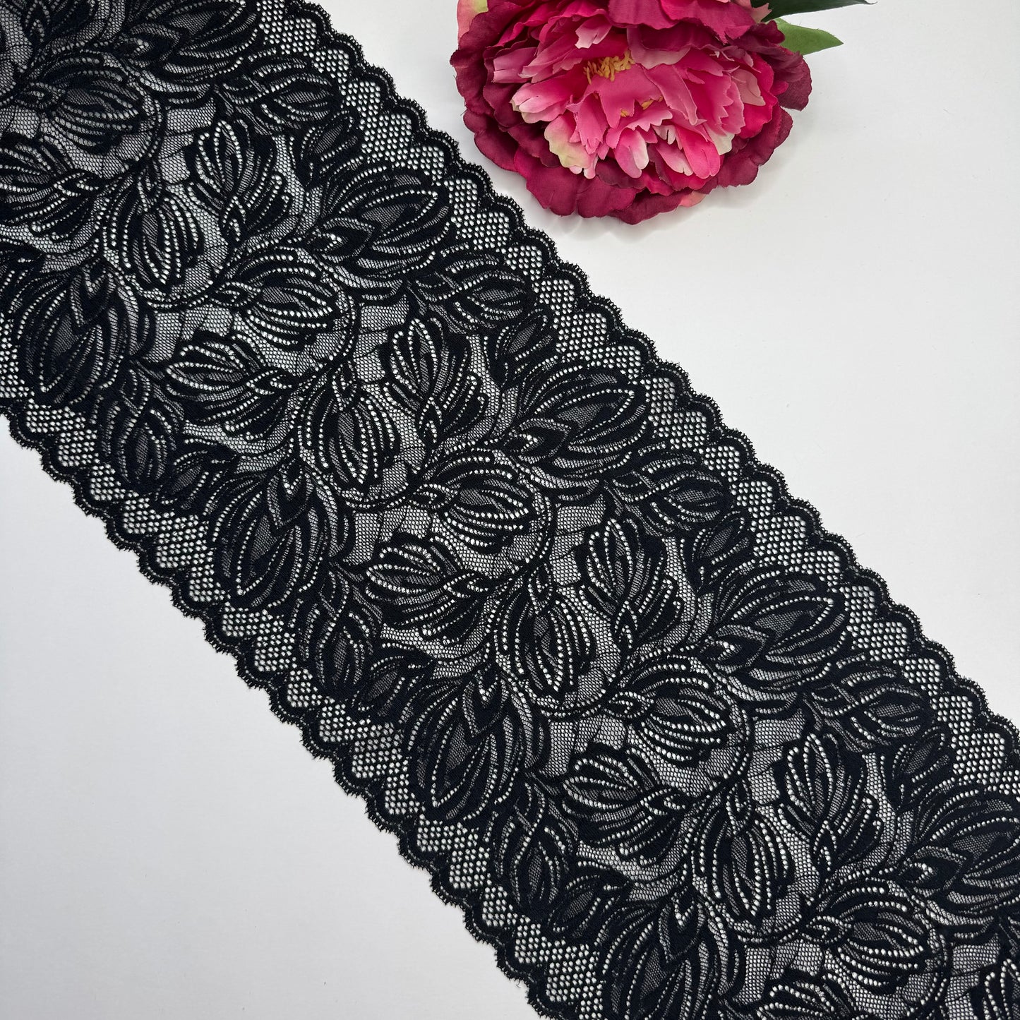 Breite elastische Spitze schwarz, florales Muster – Spitzenband & Spitzenborte, 21 cm, Meterware