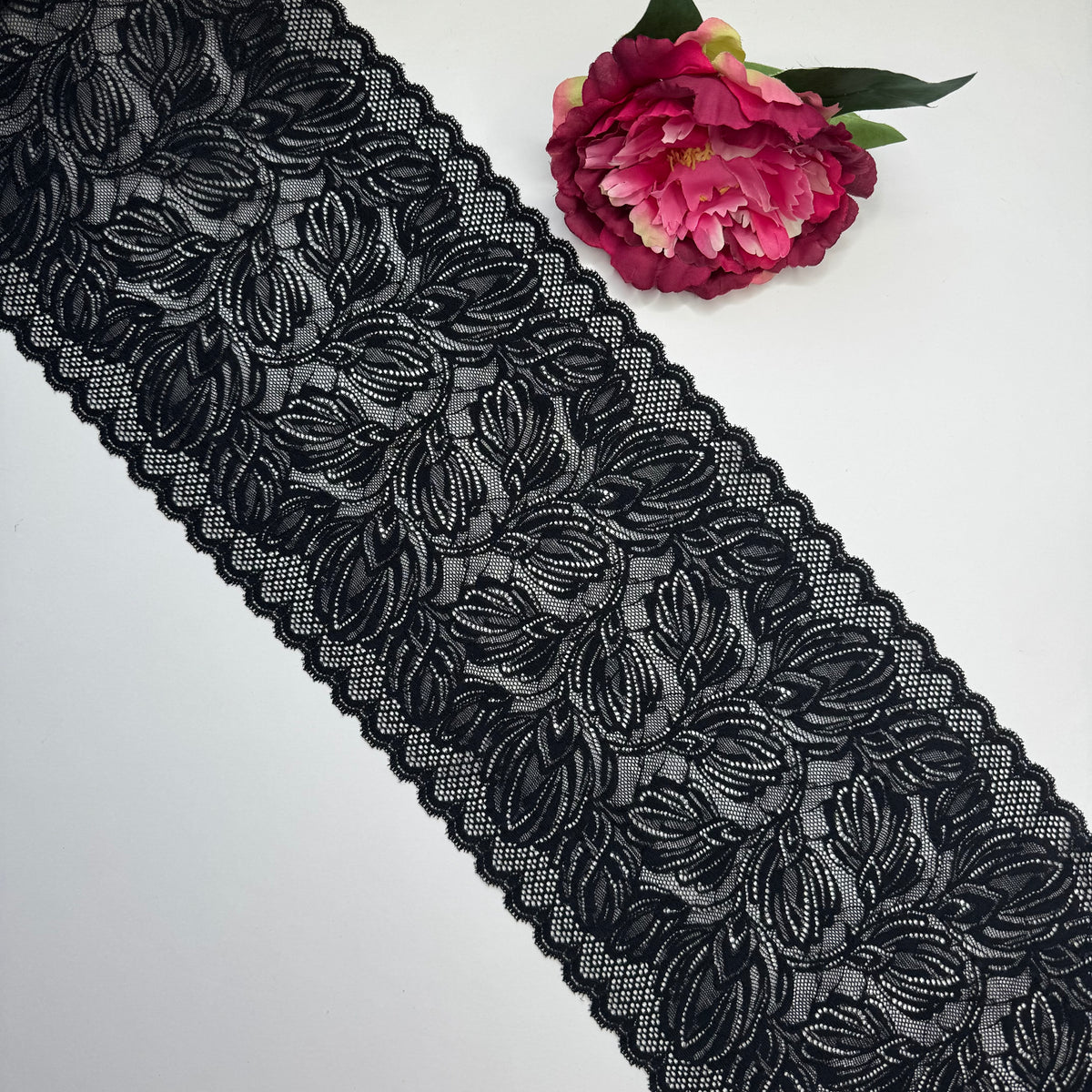 Breite elastische Spitze schwarz, florales Muster – Spitzenband & Spitzenborte, 21 cm, Meterware