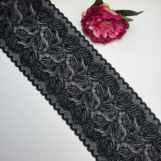 Breite elastische Spitze schwarz, florales Muster – Spitzenband & Spitzenborte, 21 cm, Meterware