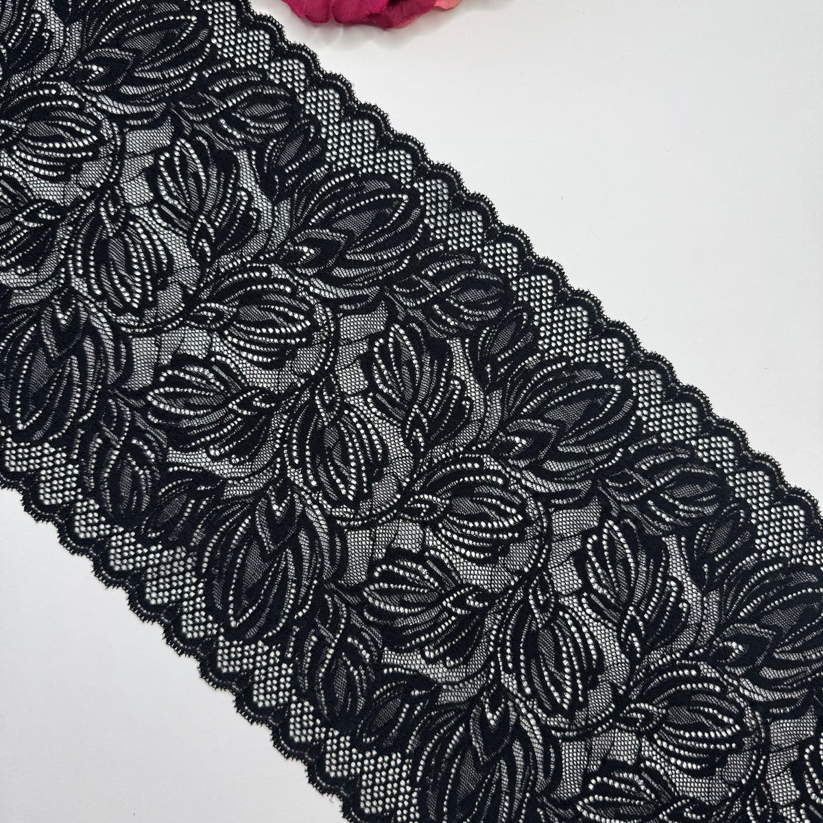 Breite elastische Spitze schwarz, florales Muster – Spitzenband & Spitzenborte, 21 cm, Meterware