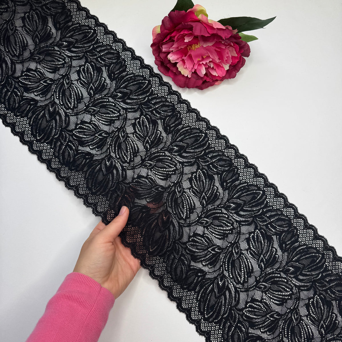 Breite elastische Spitze schwarz, florales Muster – Spitzenband & Spitzenborte, 21 cm, Meterware