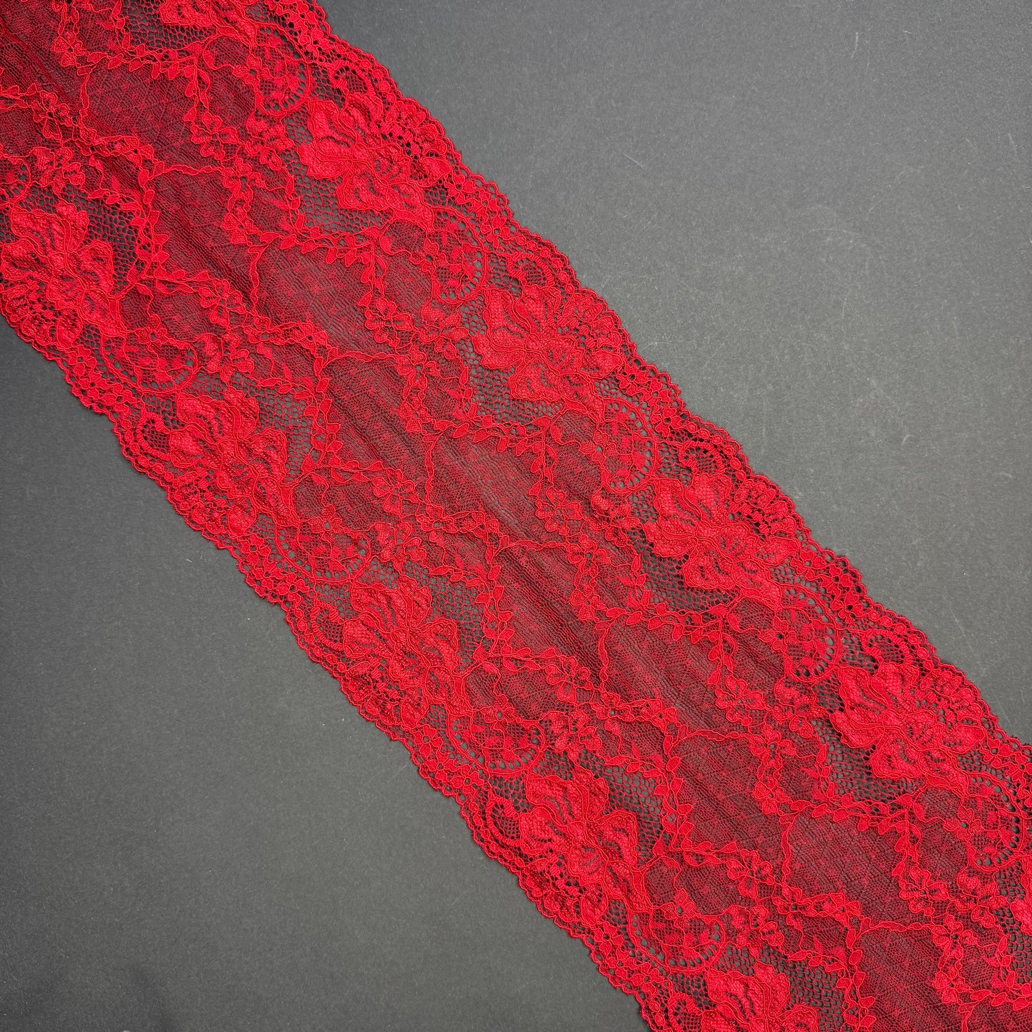 Encaje elástico rojo oscuro – 16 cm de ancho, precio por ½ metro