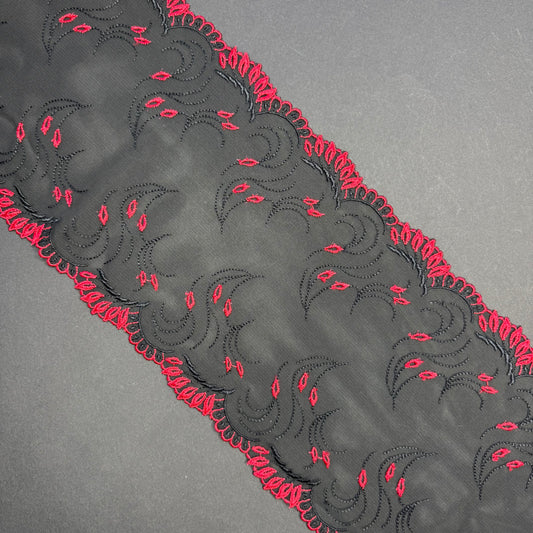 1 m elastische Stickereispitzenborte auf feinem Tüll in schwarz mit rot. IDsx4