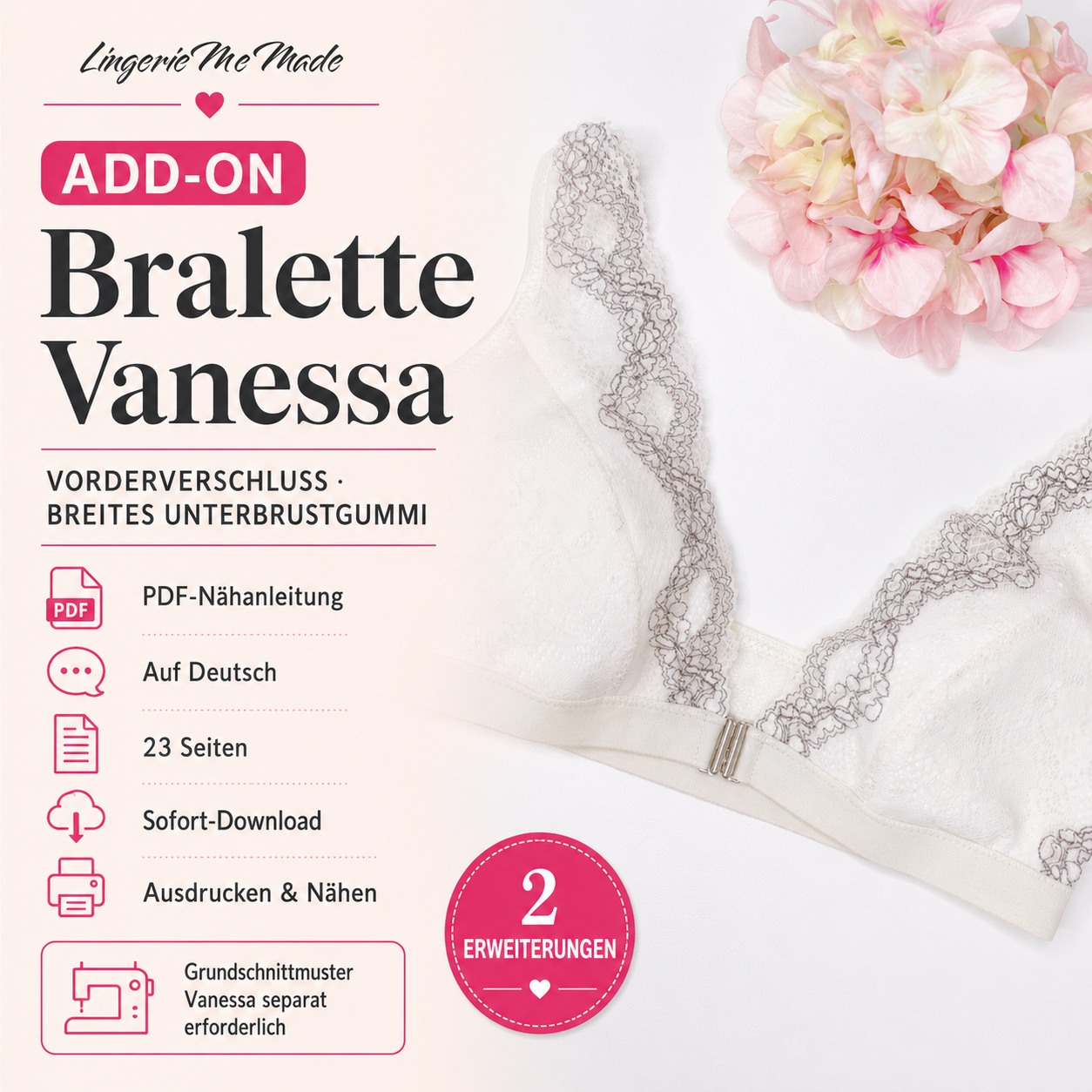 Add-On for Bralette Vanessa in PDF, German. E-Book with description of changes to the pattern pieces and sewing instructions for self-sewing IDsmx3