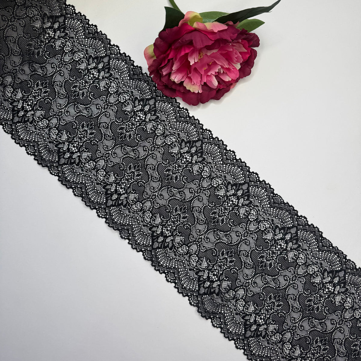 Elastische Spitze schwarz – Spitzenband & Spitzenborte, 18 cm, Meterware