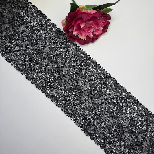 Elastische Spitze schwarz – Spitzenband & Spitzenborte, 18 cm, Meterware