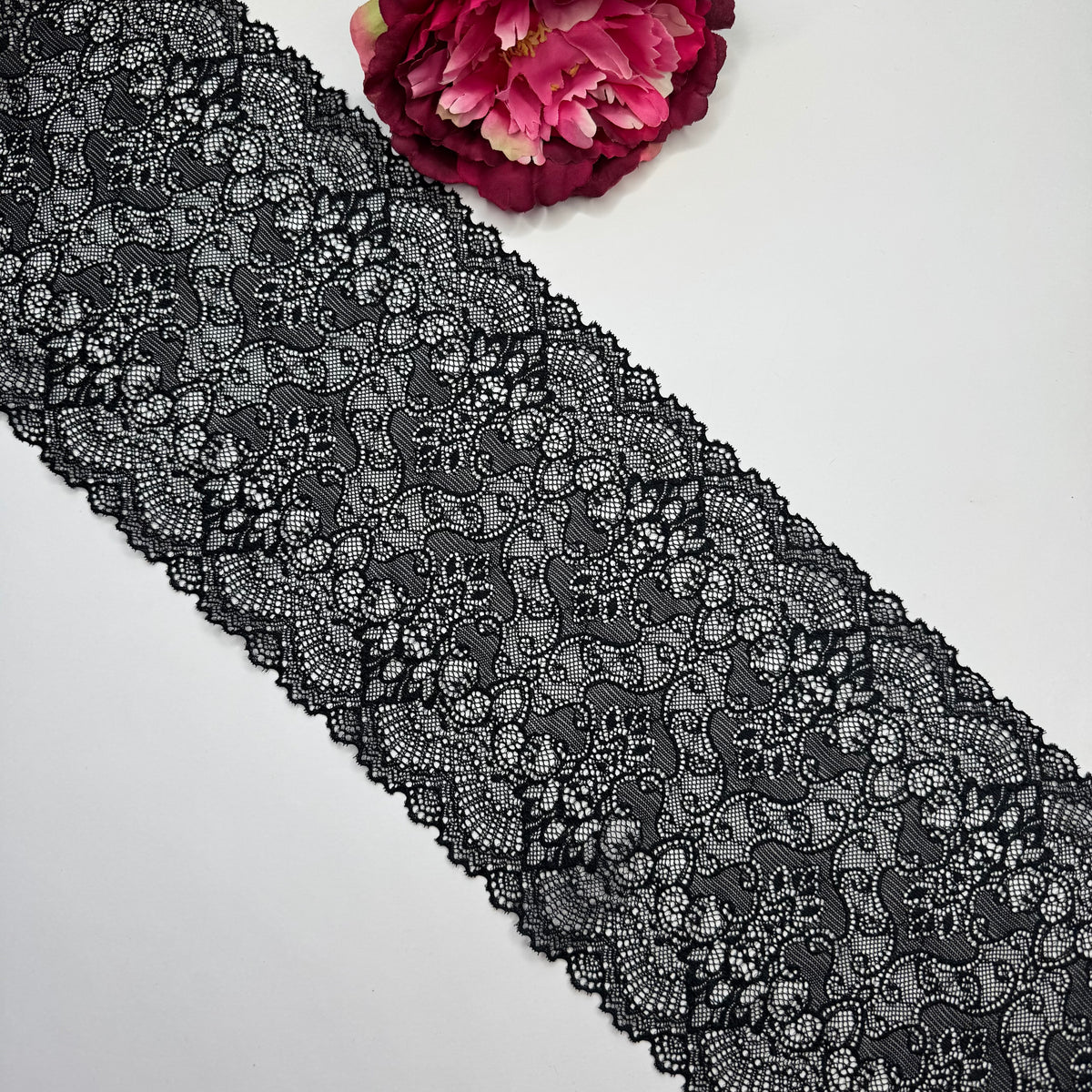 Elastische Spitze schwarz – Spitzenband & Spitzenborte, 18 cm, Meterware