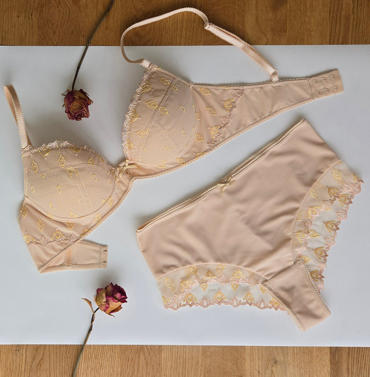 Dessous Nähset BH & Slip – Stickereispitze, Mikrofaser & Powernet | Rose Beige