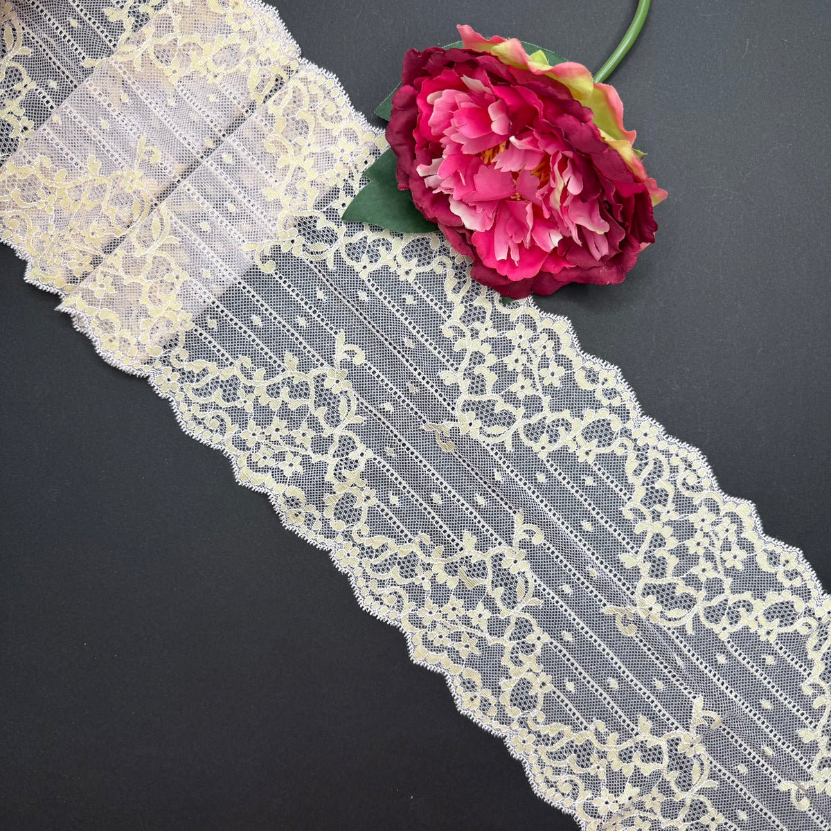 Elastische Spitze Butter Yellow - Blush Pink, 16 cm, Meterware