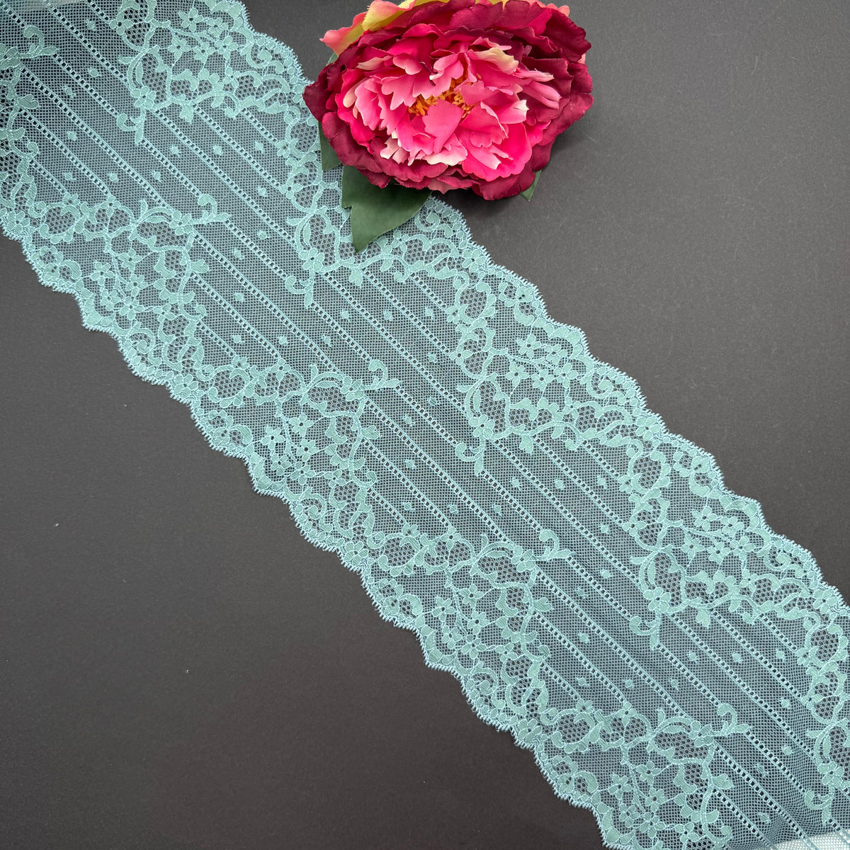Elastische Spitze Pfauengrün-Türkis, 16 cm, Meterware