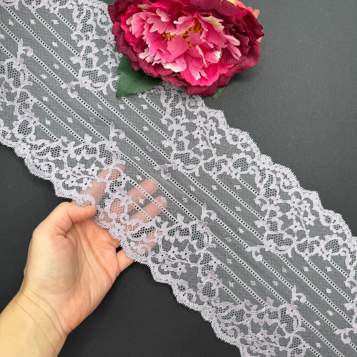 Elastische Spitze Smokey Lavender - Sea Fog, 16 cm, Meterware