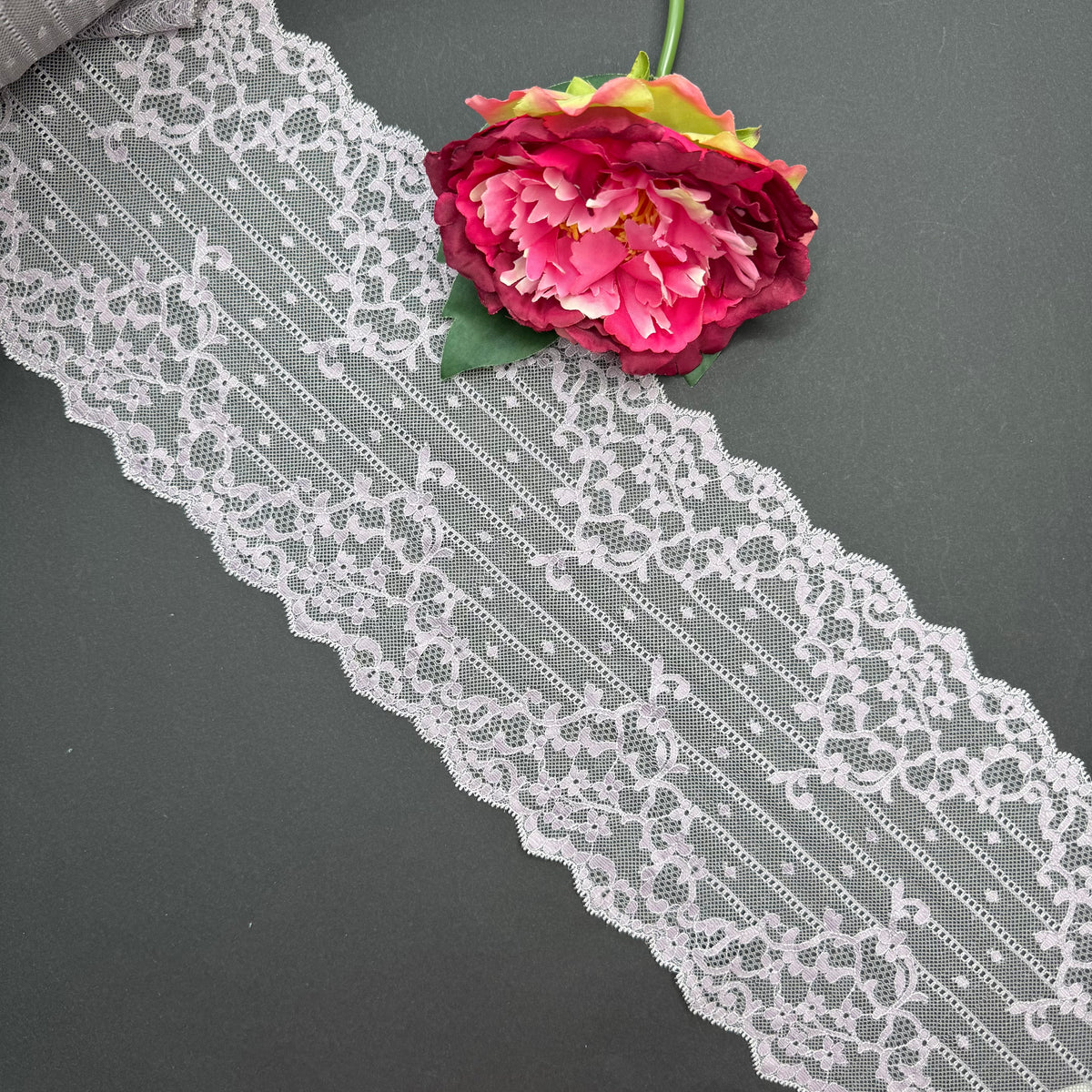 Elastische Spitze Smokey Lavender - Sea Fog, 16 cm, Meterware